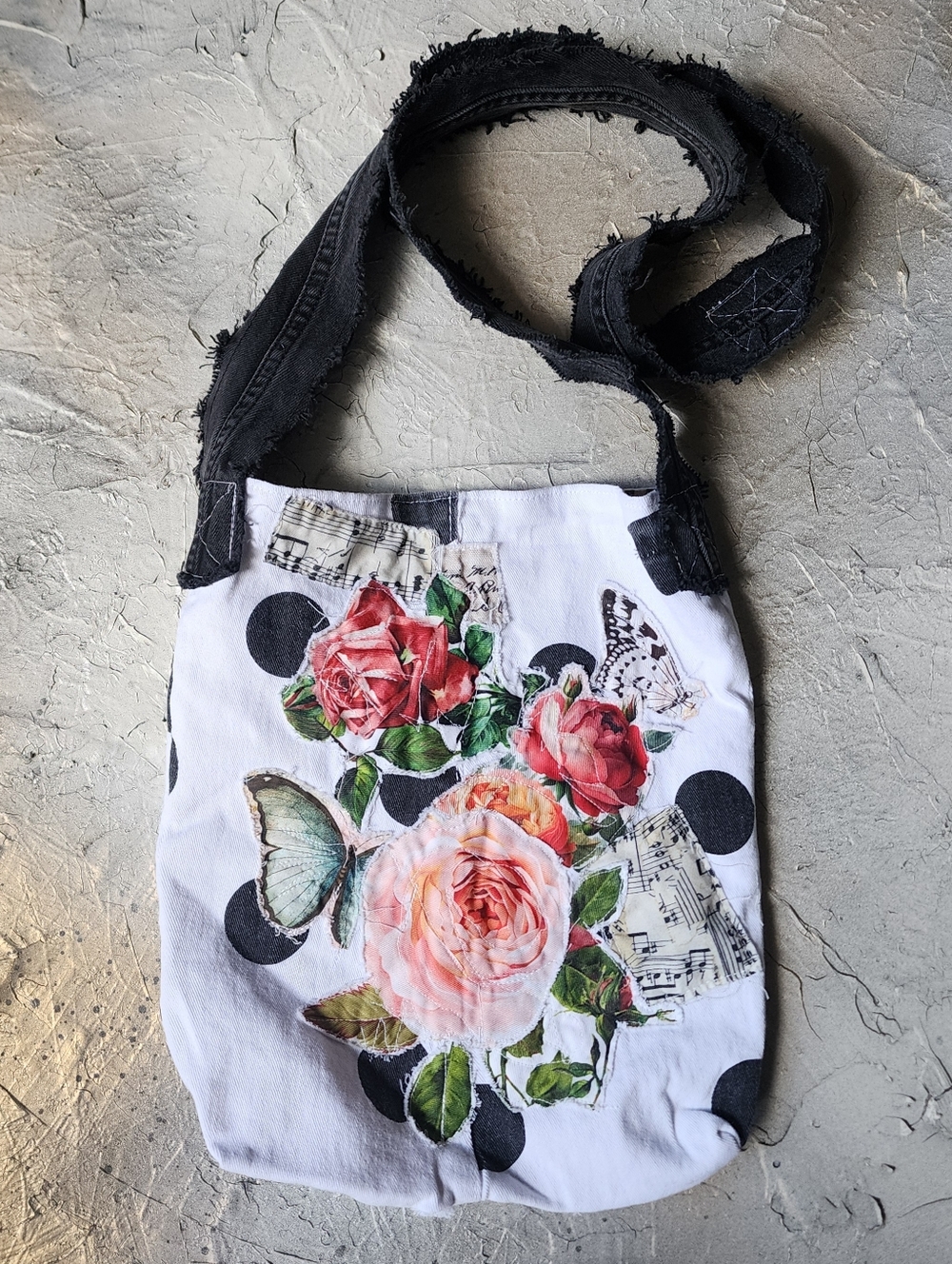 Boho Bag Red Rose Vintage Polkadot European Denim Cotton Crossbody